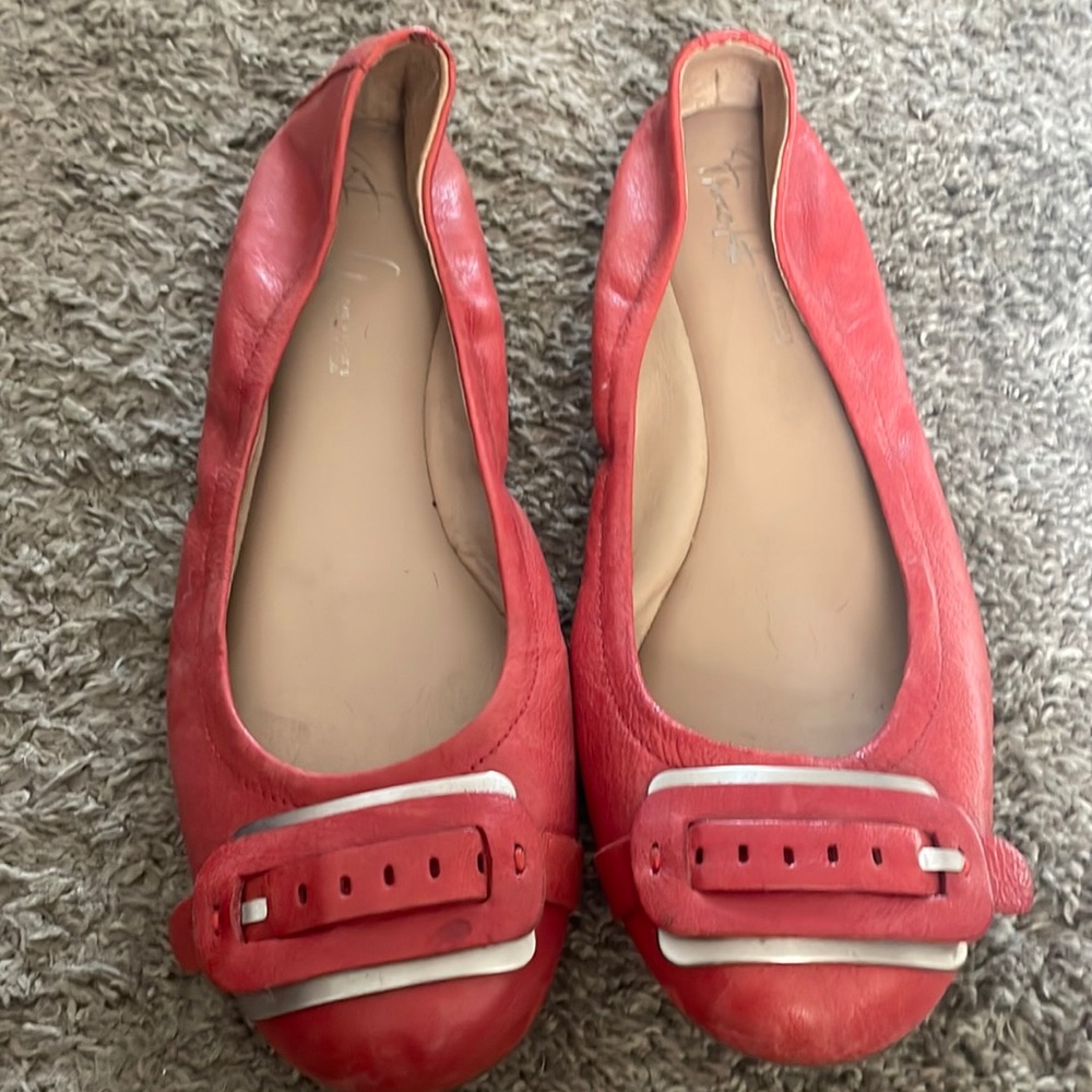 By Franco Sarto. Size 8. Red leather flats with silver buckle.